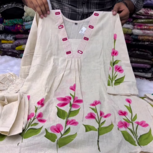 Hand-Painted Floral Kurti Set for Women – Elegant V-Neck Ethnic Wear with Pink Blossom Print – 2 Color Options Available