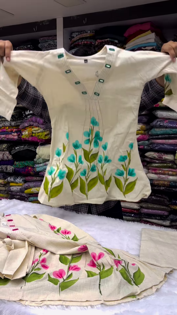 Hand-Painted Floral Kurti Set for Women – Elegant V-Neck Ethnic Wear with Pink Blossom Print – 2 Color Options Available - Image 3