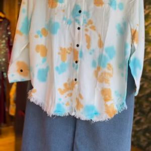 Women's Tie-Dye Button-Down Shirt with Raw Hem + Knee-Length Denim Skirt Set – Casual & Chic Summer Outfit