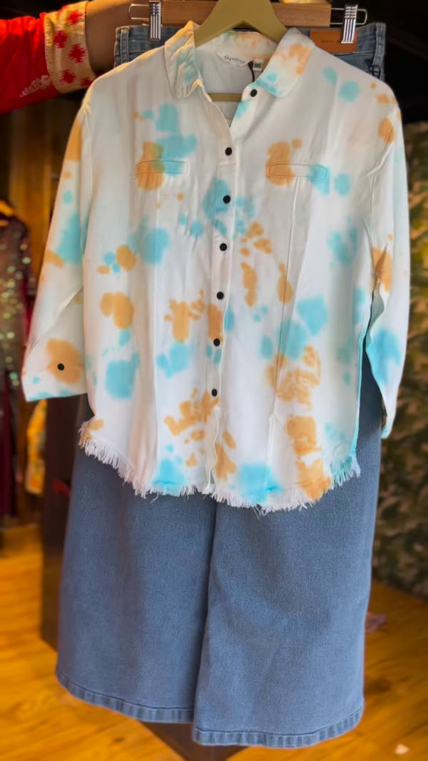 Women's Tie-Dye Button-Down Shirt with Raw Hem + Knee-Length Denim Skirt Set – Casual & Chic Summer Outfit