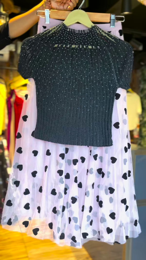 Girls' Glitter Knit Top & Heart-Print Mesh Skirt Set – Party Wear Outfit for Teens & Tweens