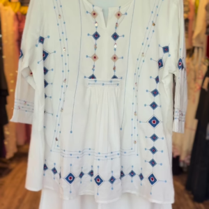 Girls' White Embroidered Kurta Set – 2-Piece Festive & Casual Ethnic Wear | Elegant Mirror & Thread Work