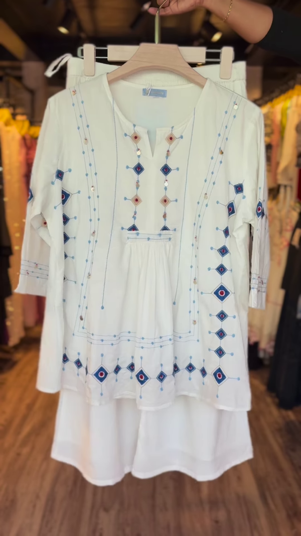 Girls' White Embroidered Kurta Set – 2-Piece Festive & Casual Ethnic Wear | Elegant Mirror & Thread Work
