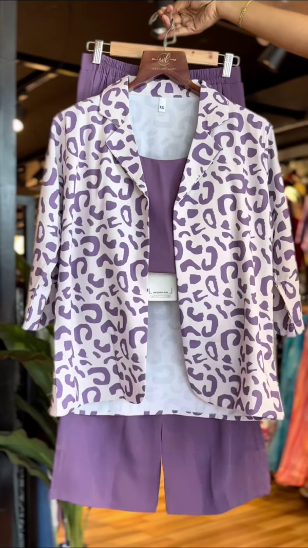 Girls’ 3-Piece Lavender Animal Print Co-ord Set – Blazer Shirt, Crop Top & Shorts | Fierce & Fun Fashion