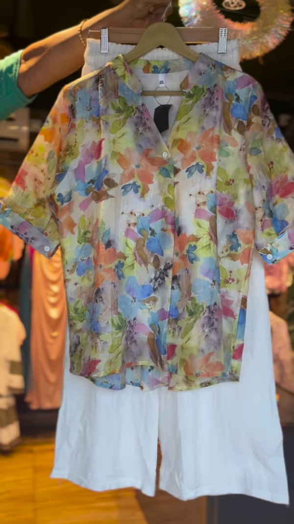 Girls’ 2-Piece Pastel Floral Co-ord Set – Button-Up Shirt & White Shorts | Easy Breezy Summer Style