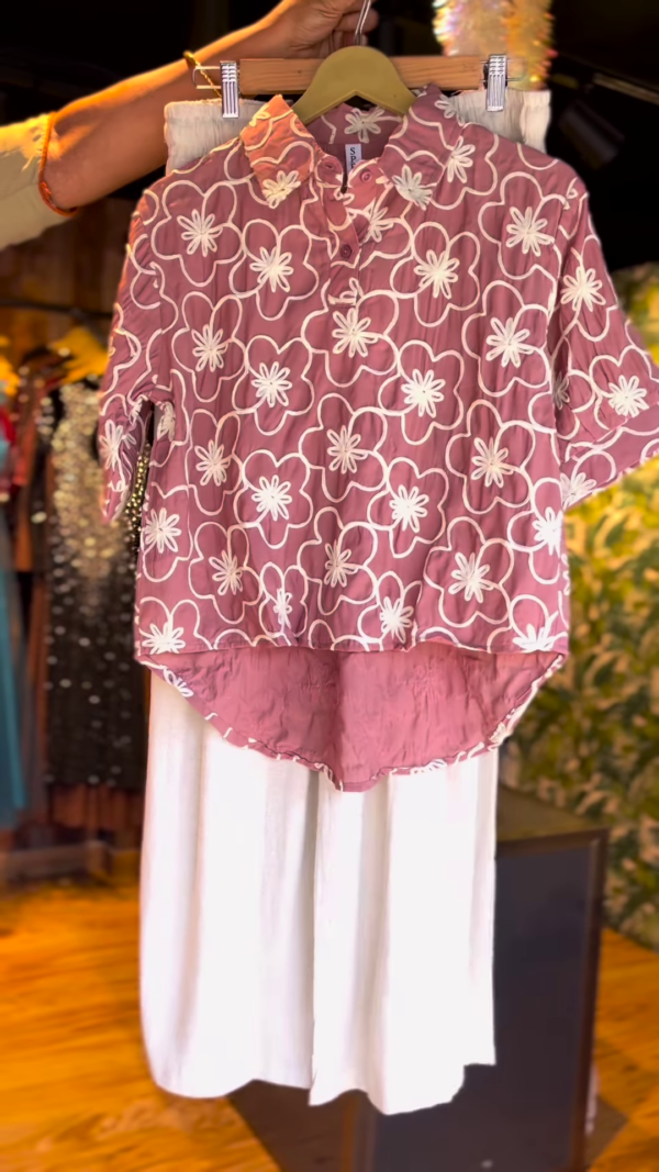 Girls’ Mauve Daisy Co-ord Set – Floral Embroidered Top with White Palazzos | Breezy Everyday Style