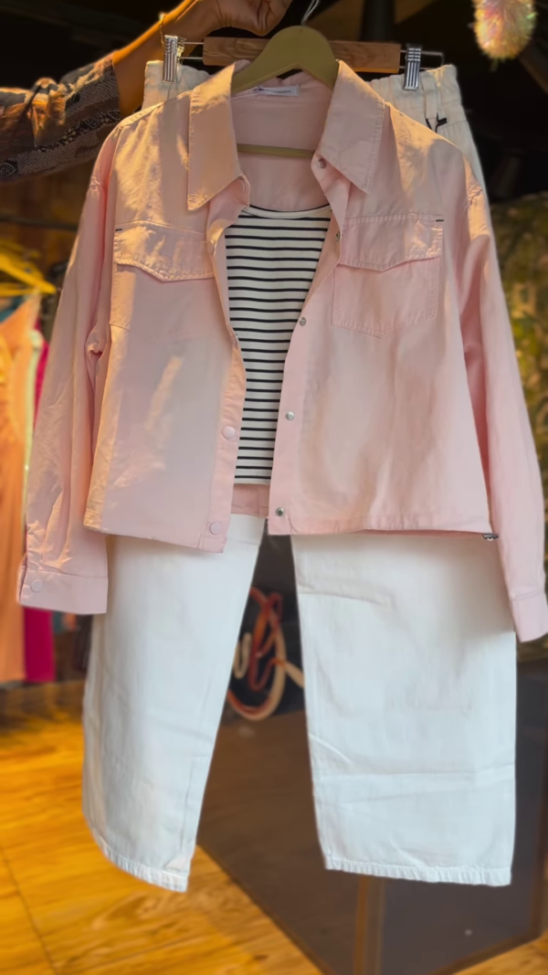 Girls’ Pink Utility Jacket Co-ord Set with Striped Tee & White Joggers | Chic & Comfy Combo