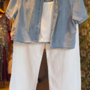 Girls’ Denim Chic Co-ord Set with Rhinestone Shirt & White Wide-Leg Pants | Summer Cool Look
