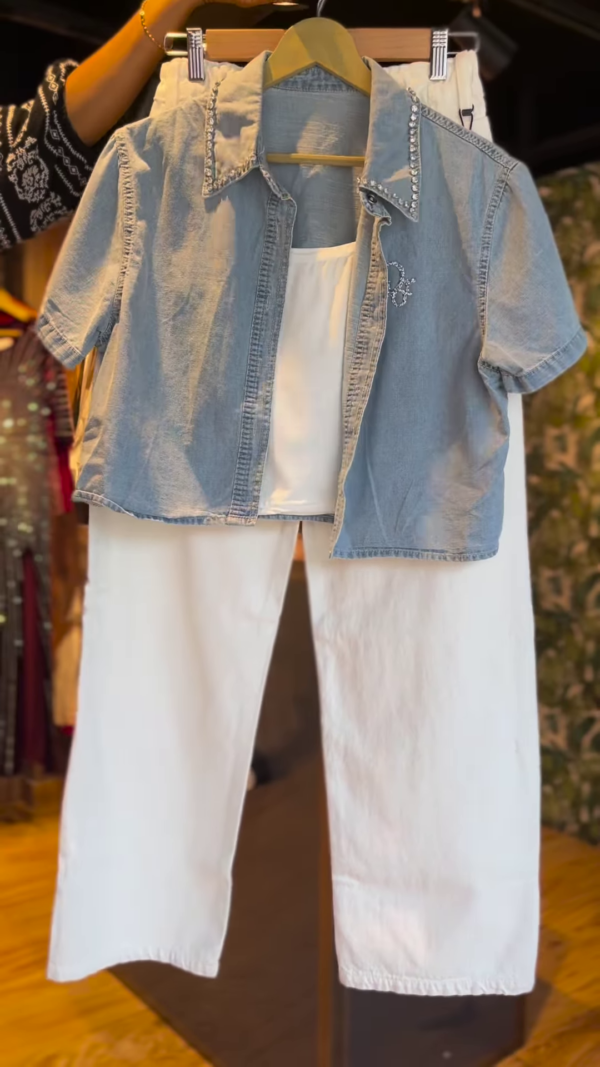 Girls’ Denim Chic Co-ord Set with Rhinestone Shirt & White Wide-Leg Pants | Summer Cool Look
