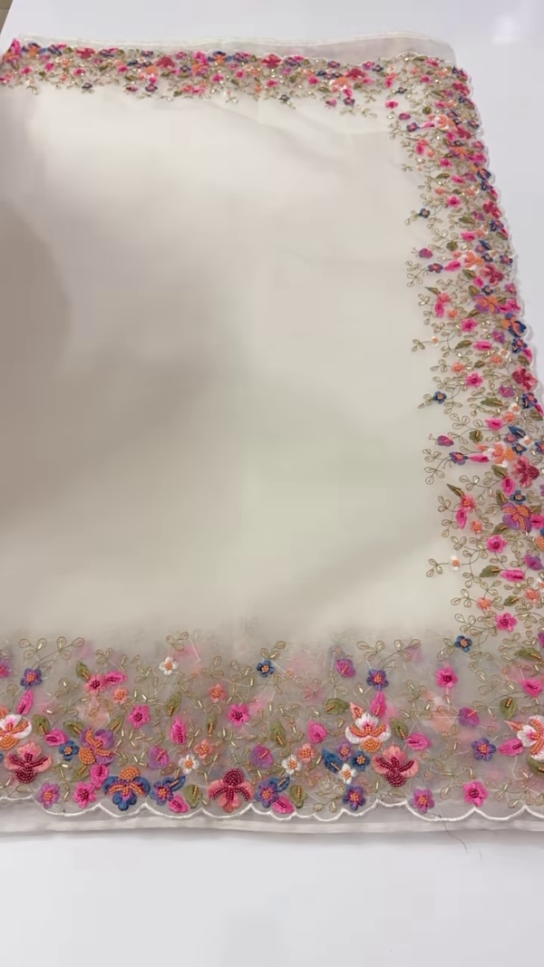 Ivory Organza Dupatta with Multicolor 3D Floral Embroidery & Scalloped Edges - Image 2