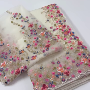 Ivory Organza Dupatta with Multicolor 3D Floral Embroidery & Scalloped Edges