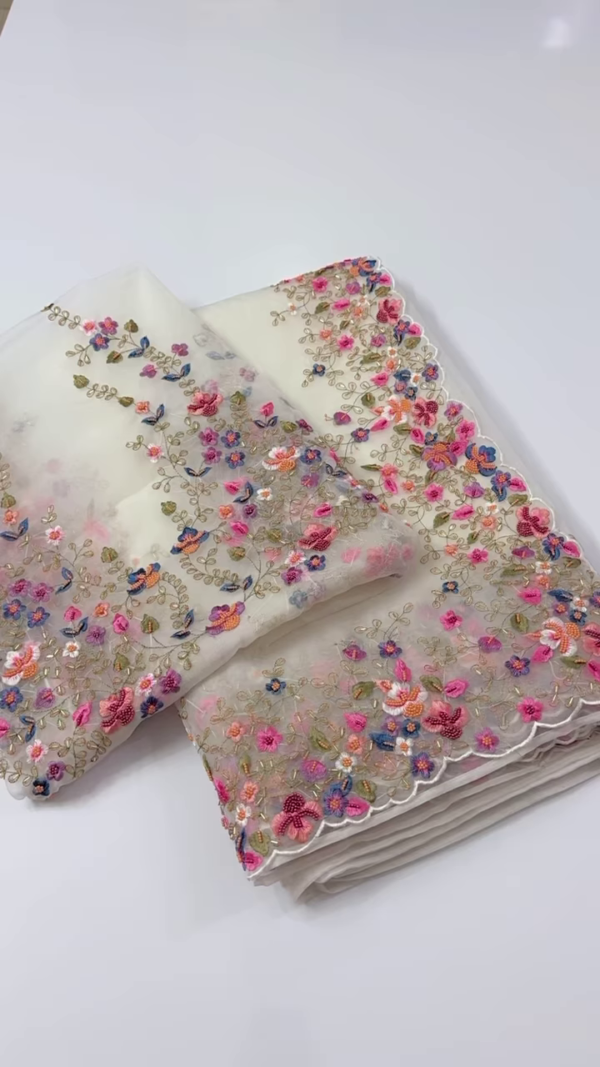 Ivory Organza Dupatta with Multicolor 3D Floral Embroidery & Scalloped Edges