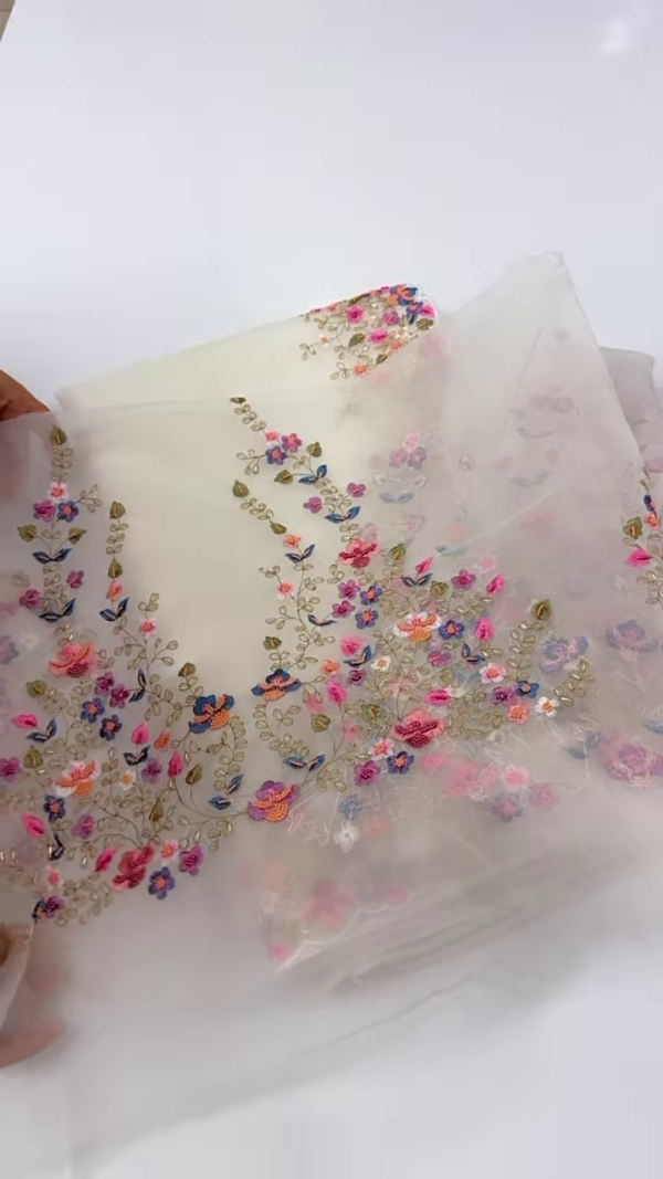 Ivory Organza Dupatta with Multicolor 3D Floral Embroidery & Scalloped Edges - Image 3