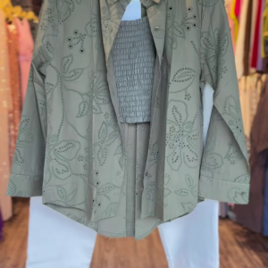 Olive Green Laser Cut Shirt Co-ord Set with Smocked Crop Top