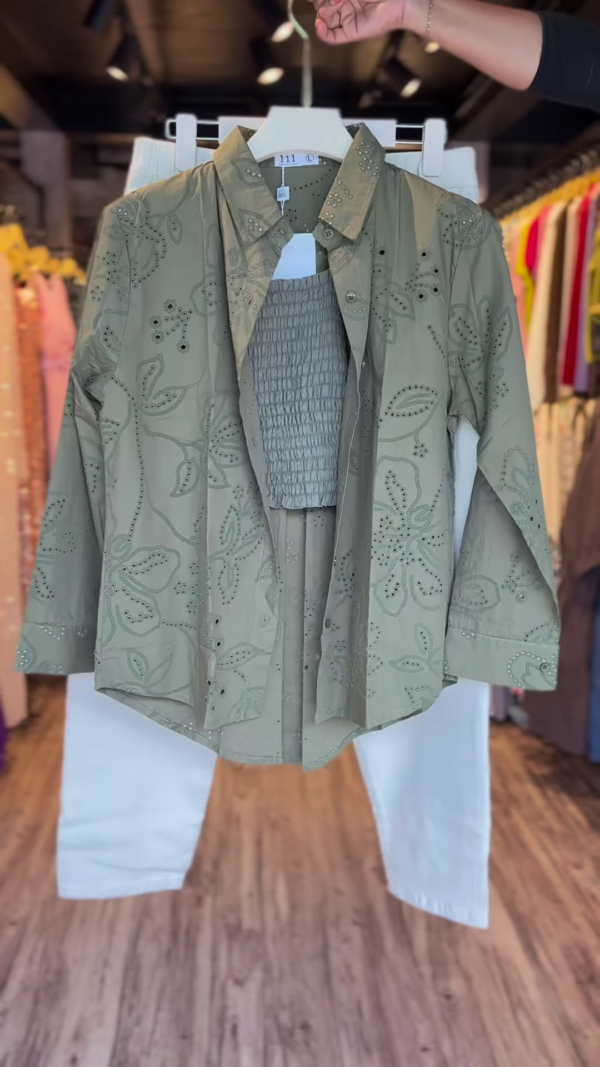 Olive Green Laser Cut Shirt Co-ord Set with Smocked Crop Top
