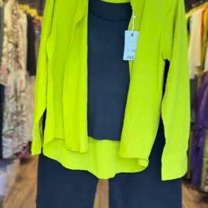 Neon Lime Crinkle Shirt Co-ord Set with Black Crop Top & Wide-Leg Pants