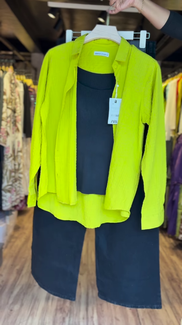 Neon Lime Crinkle Shirt Co-ord Set with Black Crop Top & Wide-Leg Pants