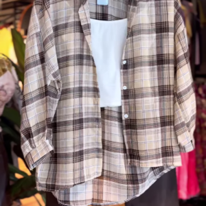 Beige & Brown Plaid Co-ord Set with White Crop Top & Black Trousers