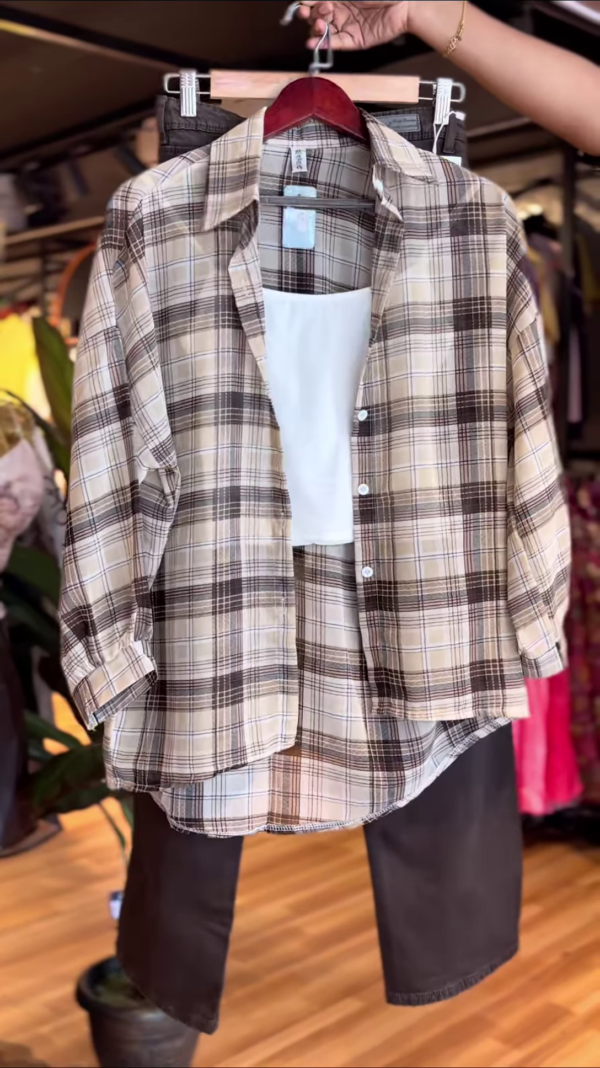 Beige & Brown Plaid Co-ord Set with White Crop Top & Black Trousers