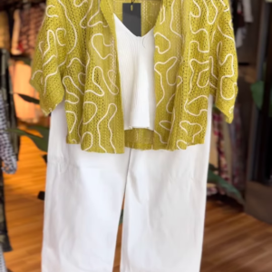 Lime Mesh Shirt Co-ord with White Ribbed Crop Top & Wide-Leg Pants