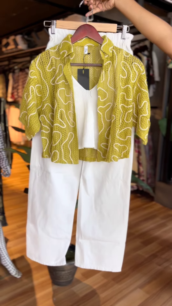 Lime Mesh Shirt Co-ord with White Ribbed Crop Top & Wide-Leg Pants