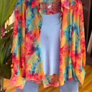 Rainbow Bloom Shirt Co-ord with Powder Blue Crop Top & Denim Culottes