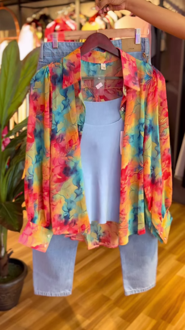 Rainbow Bloom Shirt Co-ord with Powder Blue Crop Top & Denim Culottes