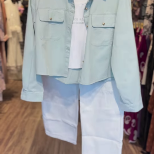 Powder Mint Utility Shirt Co-ord with Graphic Tee & White Wide-Leg Pants