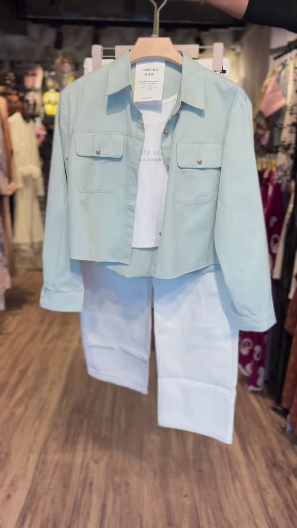 Powder Mint Utility Shirt Co-ord with Graphic Tee & White Wide-Leg Pants