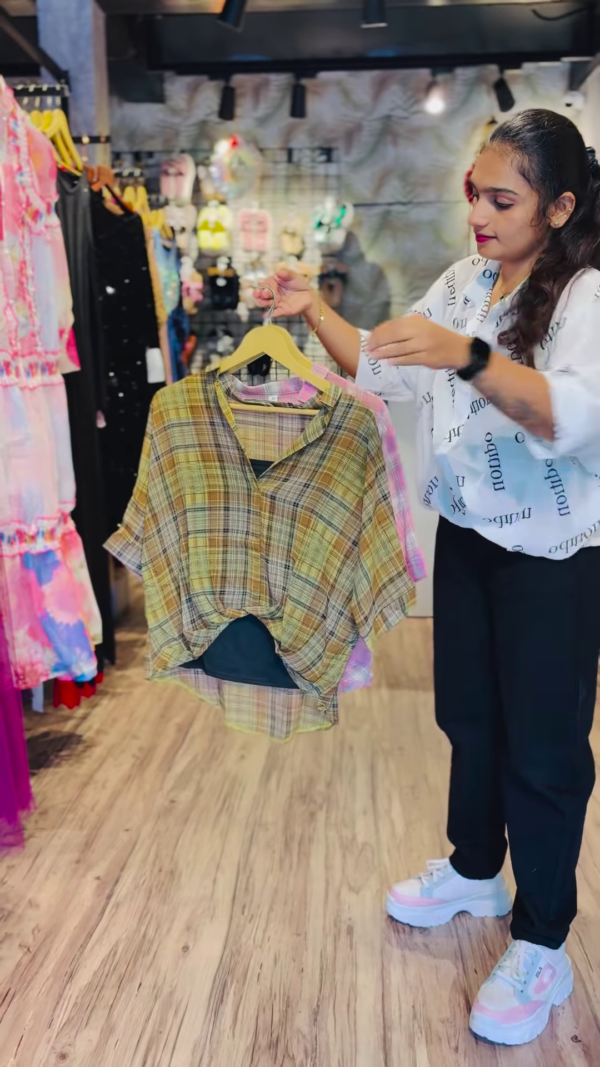 10-Color Drop: Plaid Knot-Front Shirt with Inner - Image 11