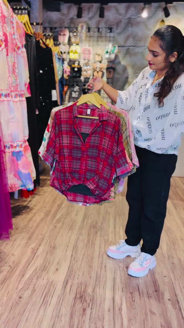10-Color Drop: Plaid Knot-Front Shirt with Inner - Image 8