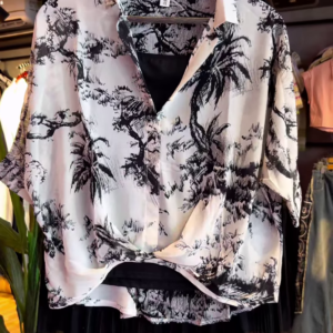 Tropical Palm Tree Print Collared Front-Tie Shirt – Lightweight Casual Summer Top