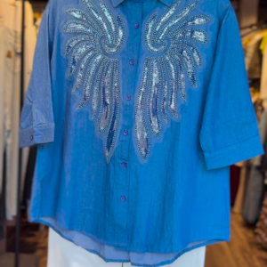 Embellished Angel Wing Sequin Button-Down Shirt – Blue Collared Half-Sleeve Casual Top
