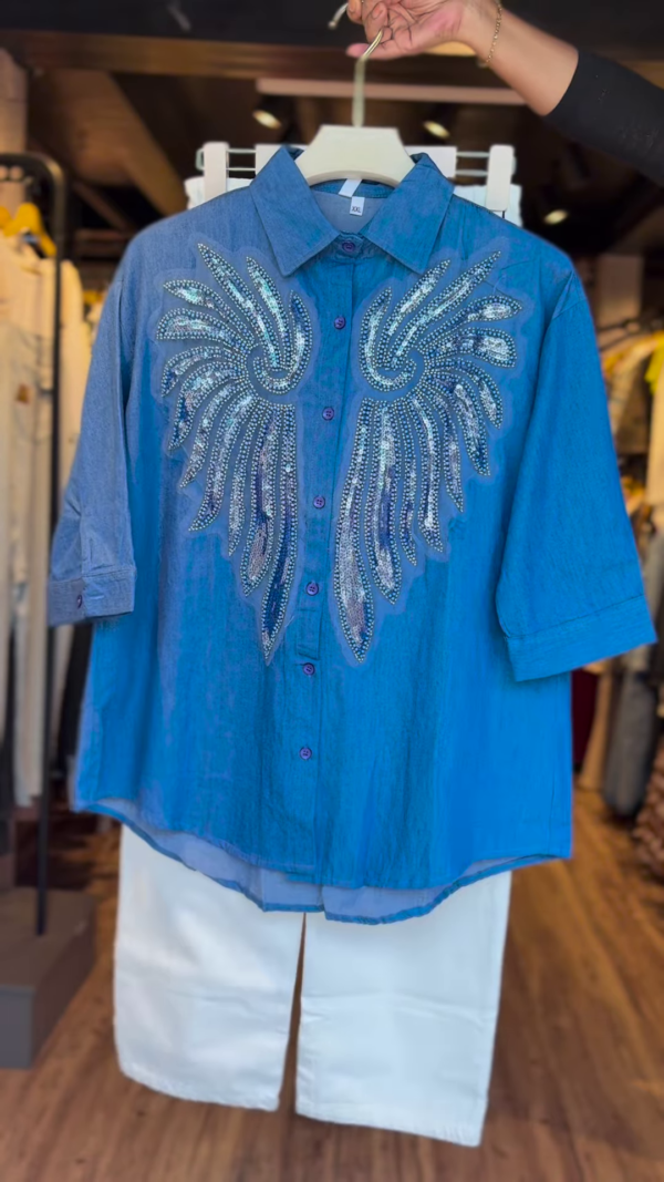 Embellished Angel Wing Sequin Button-Down Shirt – Blue Collared Half-Sleeve Casual Top