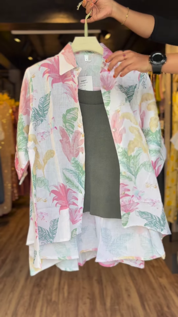 Tropical Floral Print Sheer Button-Down Shirt with Inner Camisole – Lightweight Summer Layered Top for Women - Image 3