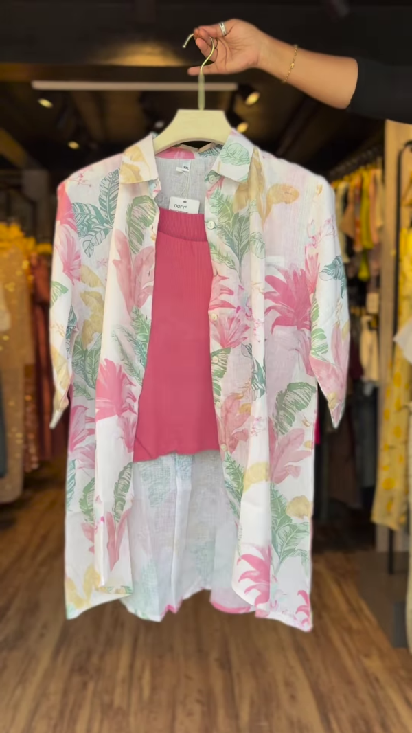 Tropical Floral Print Sheer Button-Down Shirt with Inner Camisole – Lightweight Summer Layered Top for Women