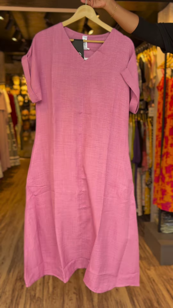 Women’s Solid Color Linen-Blend A-Line Dress with V-Neck – Casual Summer Short Sleeve Midi Dress in 5 Colors - Image 2