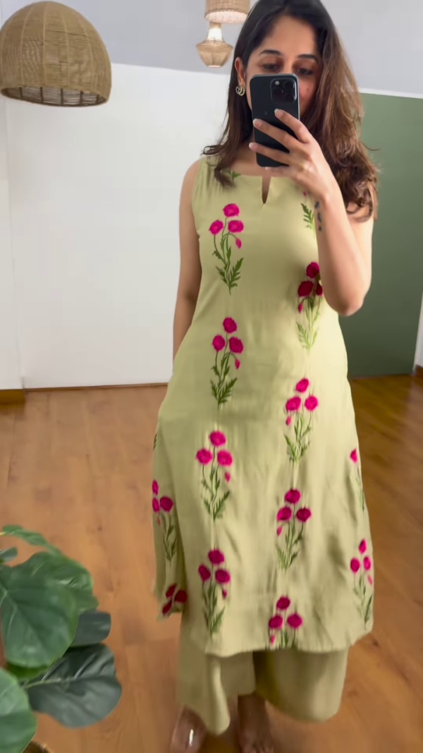 Women’s Floral Embroidered Kurta with Palazzos – Elegant 2-Piece Set with 3/4 Sleeves & Flared Silhouette (Available in 3 Colors) - Image 2