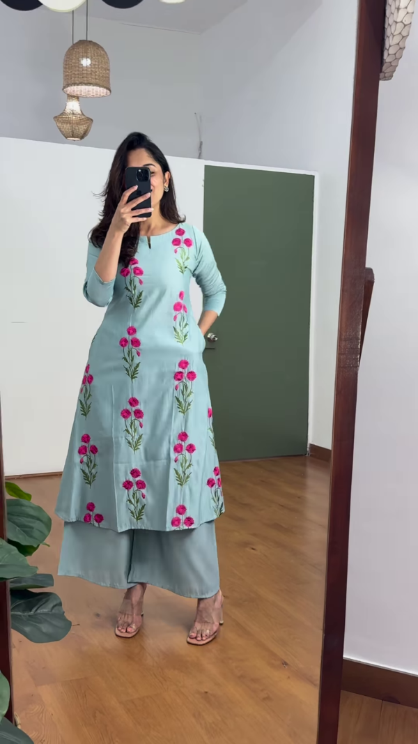 Women’s Floral Embroidered Kurta with Palazzos – Elegant 2-Piece Set with 3/4 Sleeves & Flared Silhouette (Available in 3 Colors) - Image 3