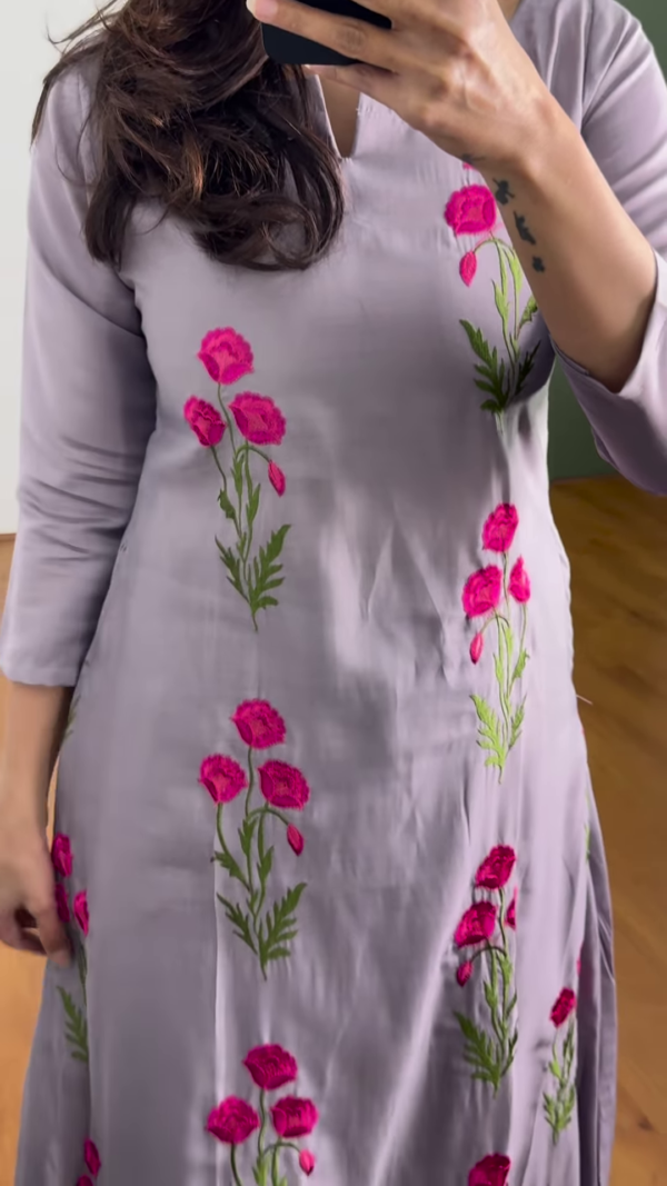 Women’s Floral Embroidered Kurta with Palazzos – Elegant 2-Piece Set with 3/4 Sleeves & Flared Silhouette (Available in 3 Colors)