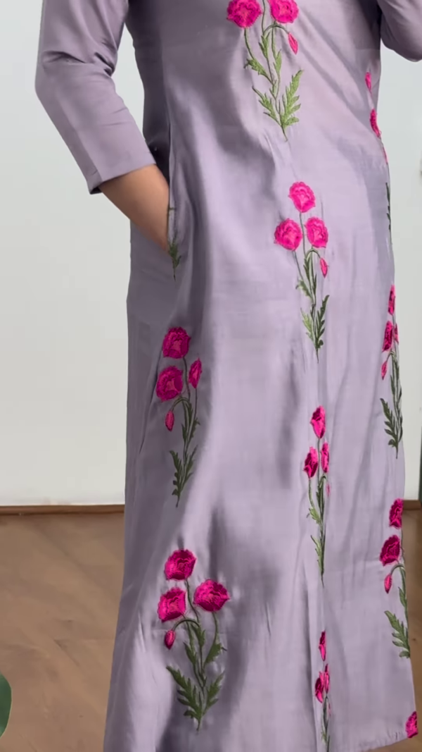 Women’s Floral Embroidered Kurta with Palazzos – Elegant 2-Piece Set with 3/4 Sleeves & Flared Silhouette (Available in 3 Colors) - Image 4