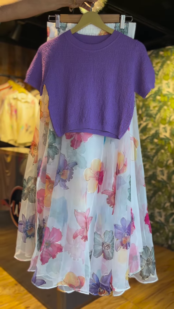 Chic Two-Piece Set for Women – Lavender Knit Crop Top with Flowing Sheer Floral Skirt | Stylish Co-ord for Brunch & Day Outings