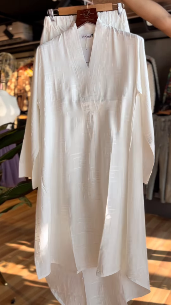 Minimalist White Co-Ord Set for Women – Textured V-Neck Long Kurta with Elastic Waist Pants | Elegant Everyday Ethnic Wear - Image 2