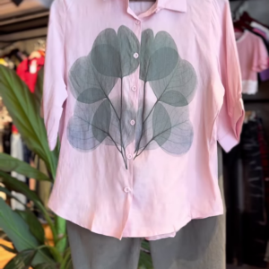 Women’s Leaf Print Casual Co-Ord Set – Light Pink Shirt with Olive Green Shorts | Relaxed Summer Outfit