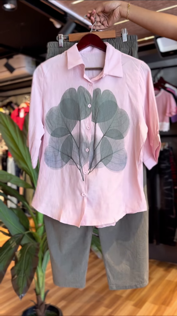 Women’s Leaf Print Casual Co-Ord Set – Light Pink Shirt with Olive Green Shorts | Relaxed Summer Outfit