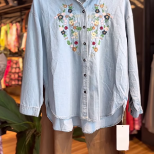 Women’s Light Denim Floral Embroidered Shirt with Brown Pants – Casual Boho Co-Ord Set