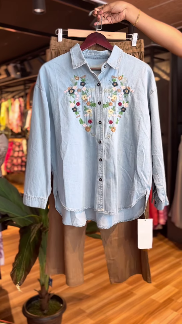 Women’s Light Denim Floral Embroidered Shirt with Brown Pants – Casual Boho Co-Ord Set