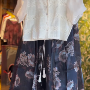 Elegant White Lace Crop Top with Black Floral Flared Skirt – Ethnic Fusion Co-Ord Set for Women