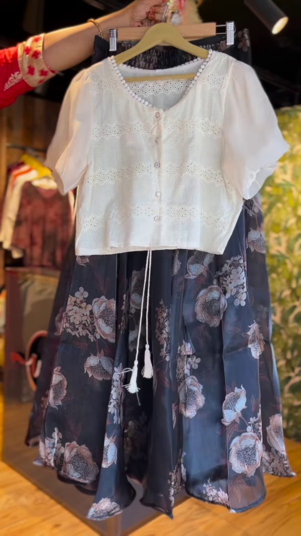 Elegant White Lace Crop Top with Black Floral Flared Skirt – Ethnic Fusion Co-Ord Set for Women