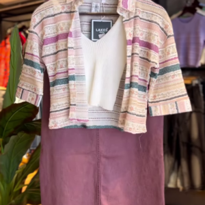 Trendy Multicolor Crochet-Style Shirt with White Ribbed Top and Mauve Pencil Skirt – Casual Co-Ord Set for Women